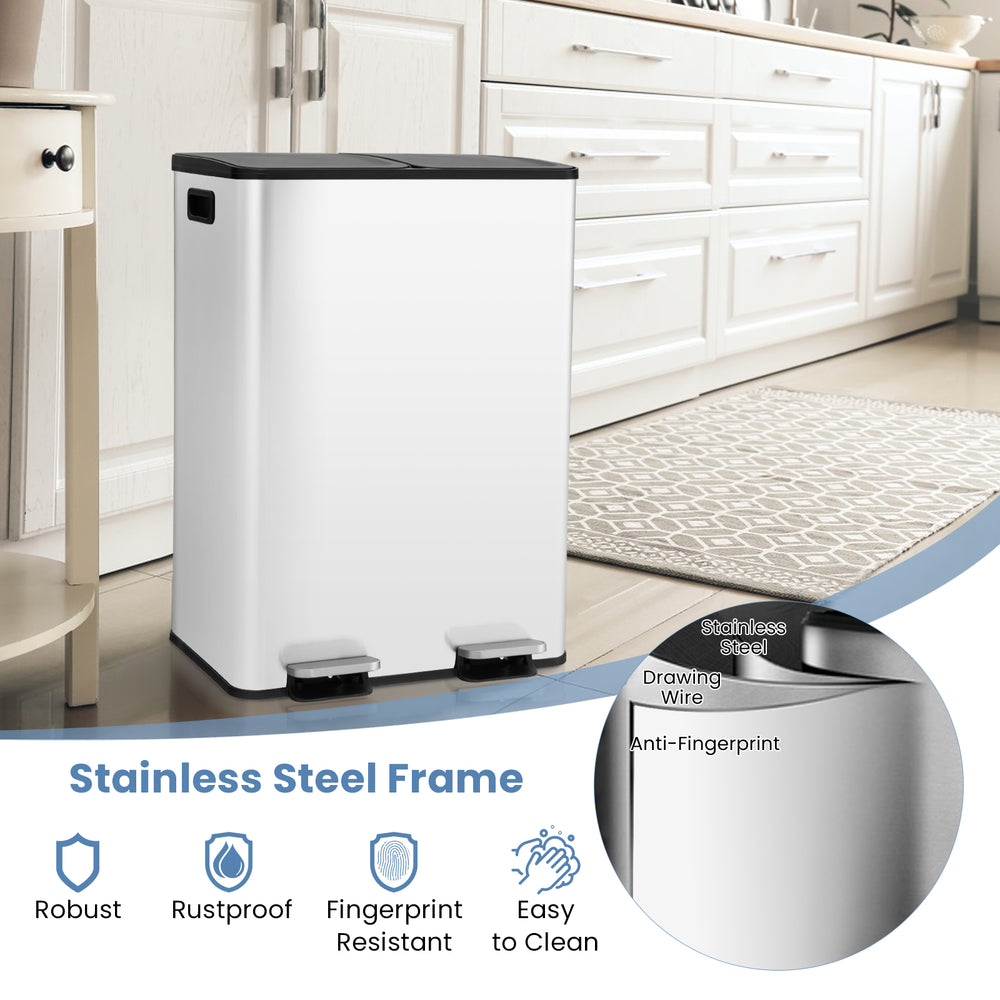 Dual compartment 8-gal trash can in white with stainless steel frame, designed for easy waste sorting in kitchens or.