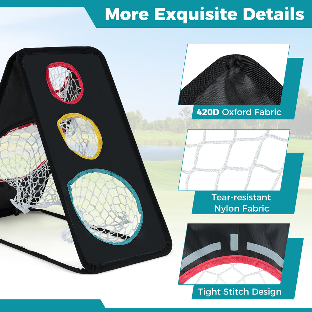 Dual-sided golf chipping net with five target holes, made from durable 420D Oxford fabric for indoor and outdoor.