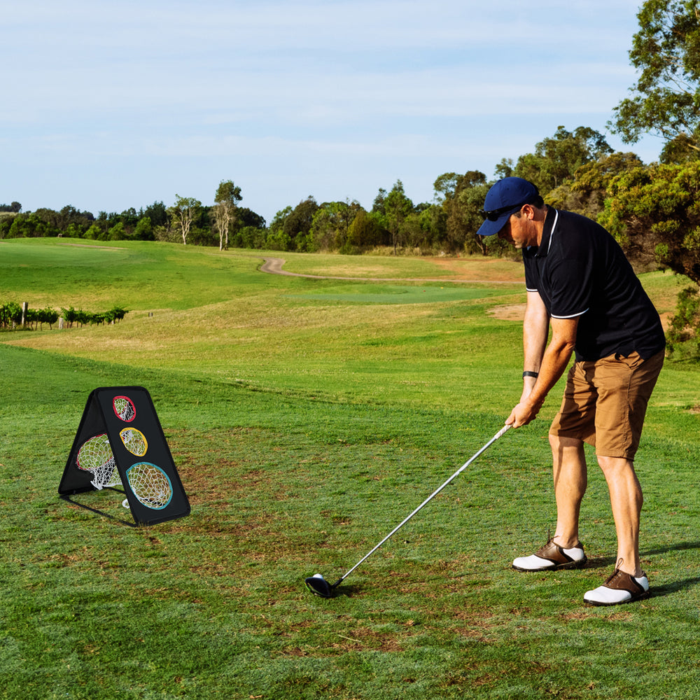 Dual-sided golf chipping net with 5 target holes, ideal for improving accuracy in chip, pitch, and lob shots.
