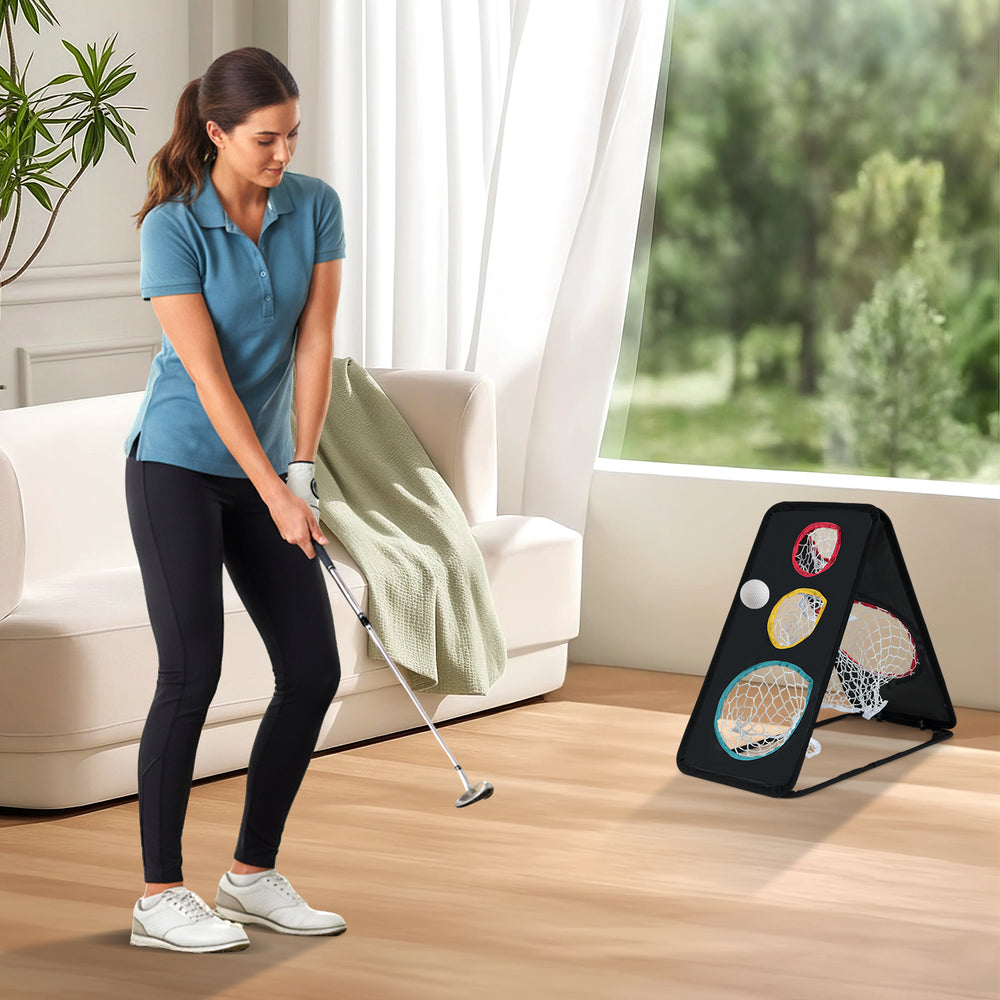 Dual-sided golf chipping net with 5 target holes, ideal for indoor and outdoor practice, featuring a durable frame.