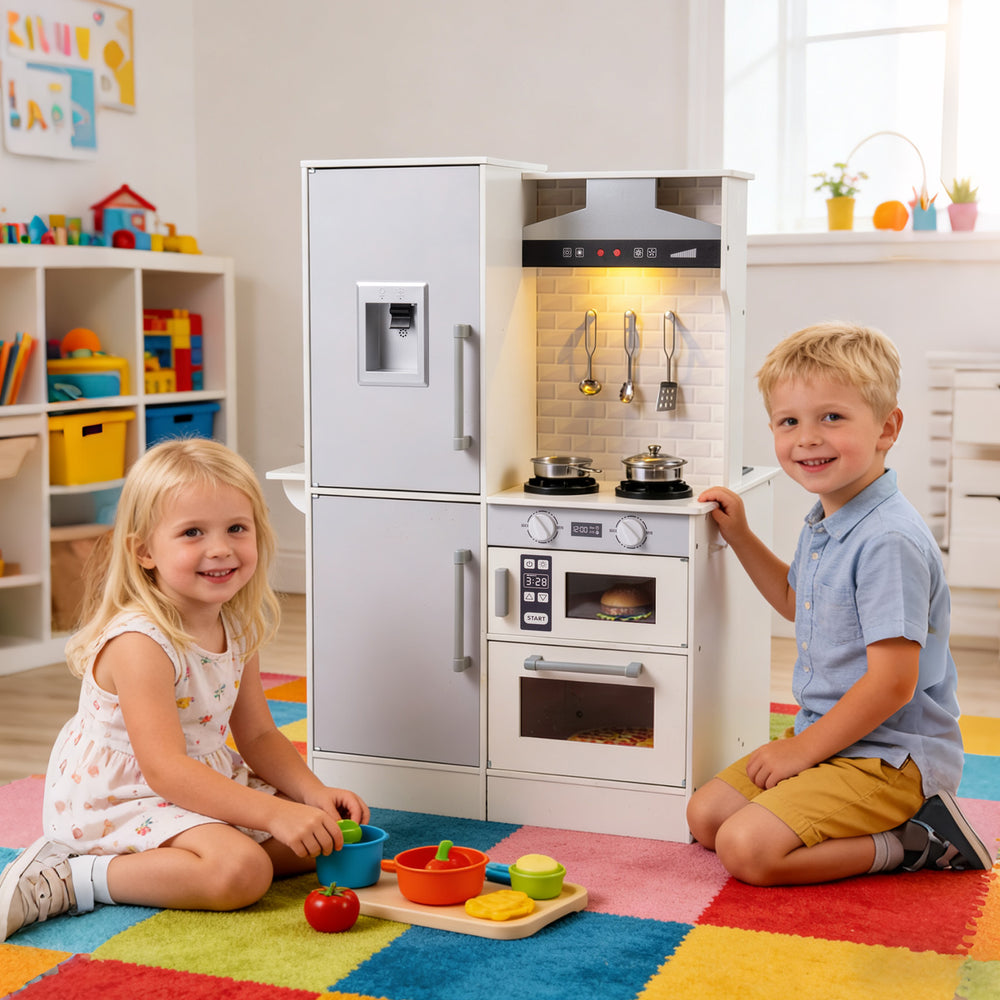 Dual-Sided Kids Play Kitchen with Water Dispenser and Range Hood for 3+ Years Old-White - Gallery View 1 of 11