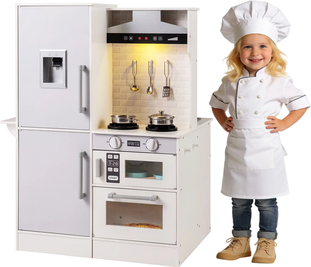 Child chef smiling next to the dual-sided kids play kitchen in white, featuring a pot, frying pan, and luminous range.