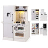 Dual-sided kids play kitchen in white with water dispenser, range hood, and interactive stove for imaginative cooking.