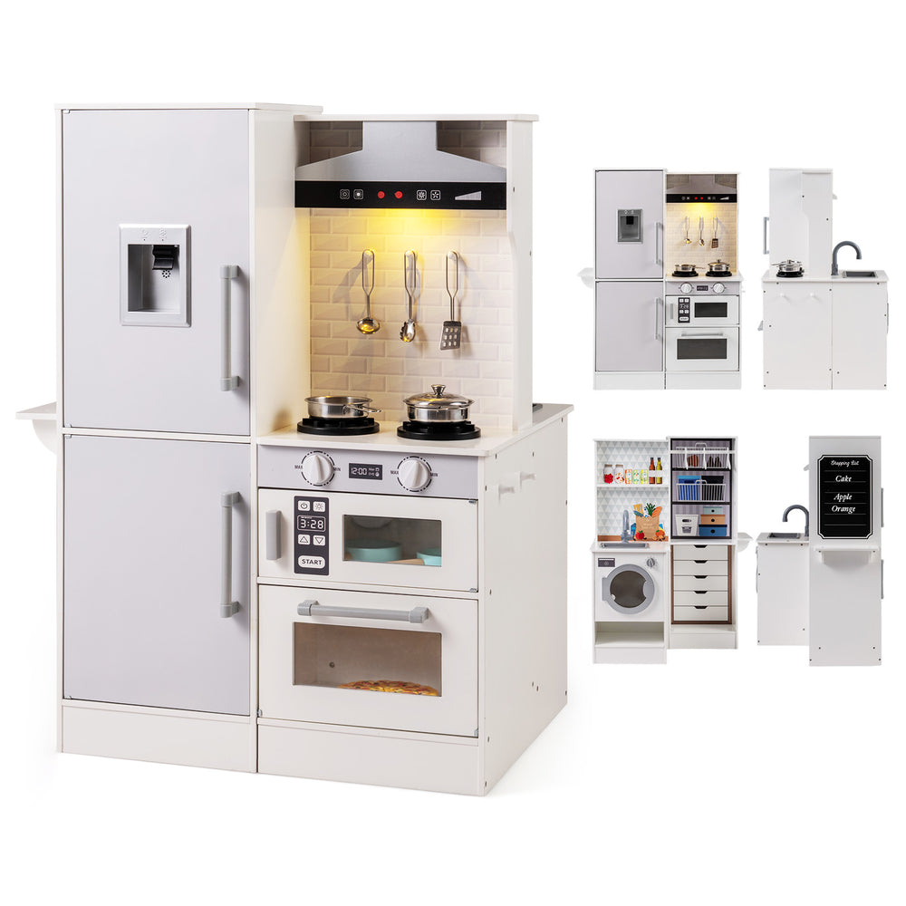 Dual-sided kids play kitchen in white with water dispenser, range hood, and interactive stove for imaginative cooking.
