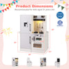 Dimensions of the dual-sided kids play kitchen in white, featuring a water dispenser and range hood for ages 3+.