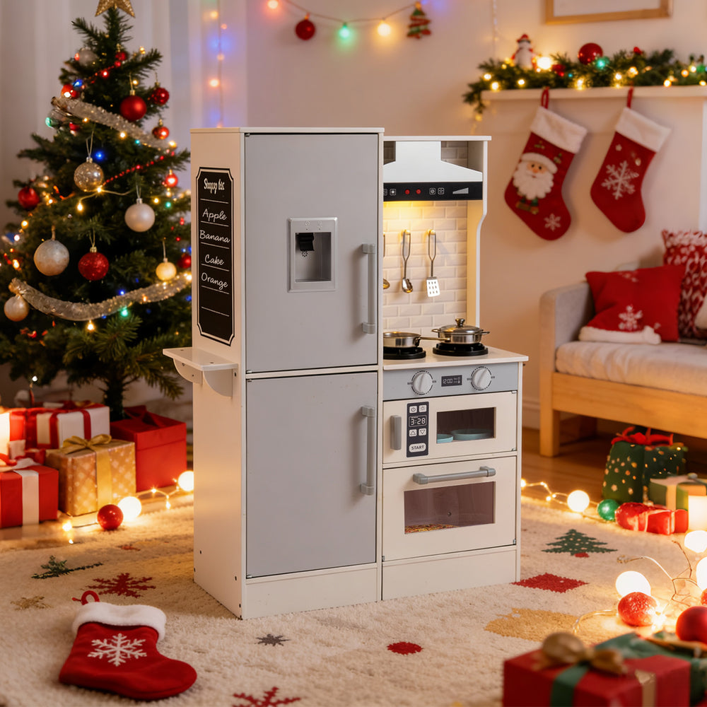Close-up of the Dual-Sided Kids Play Kitchen's luminous range hood and interactive stove, enhancing playtime fun.