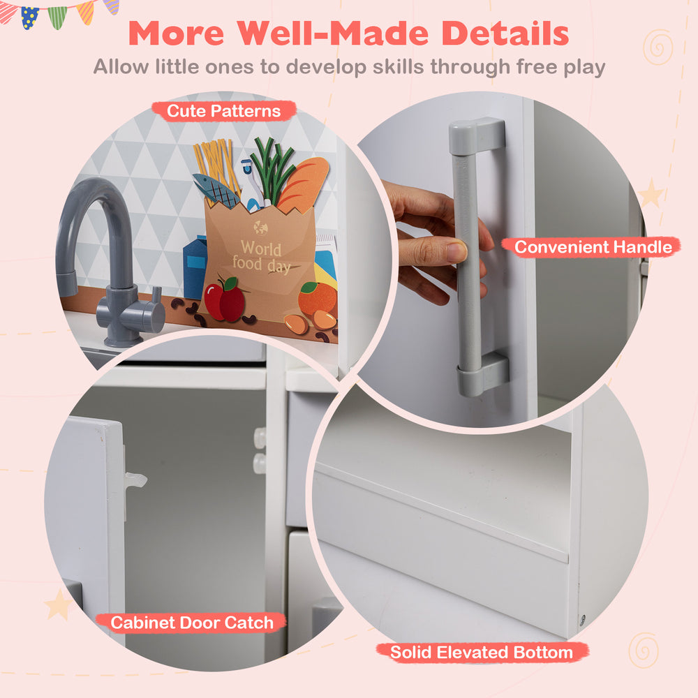 Close-up of the Dual-Sided Kids Play Kitchen's convenient handle and cabinet door catch for secure play and.