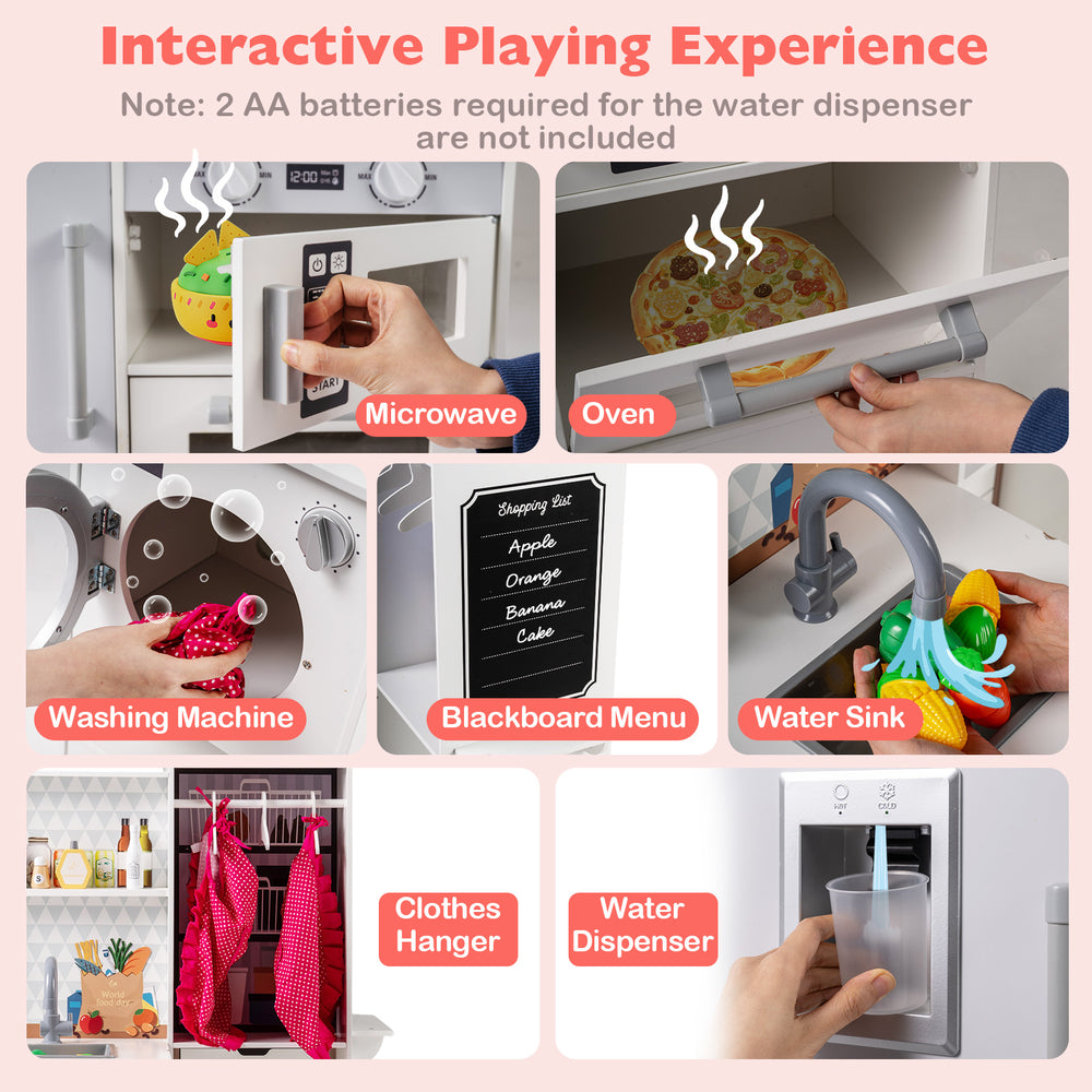 Dual-sided kids play kitchen featuring a water sink, oven, and microwave for interactive cooking fun and imaginative.