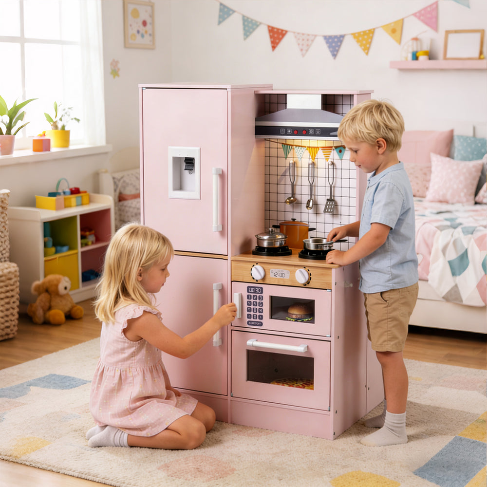 Dual-Sided Kids Play Kitchen with Water Dispenser and Range Hood for 3+ Years Old-Pink - Gallery View 1 of 11