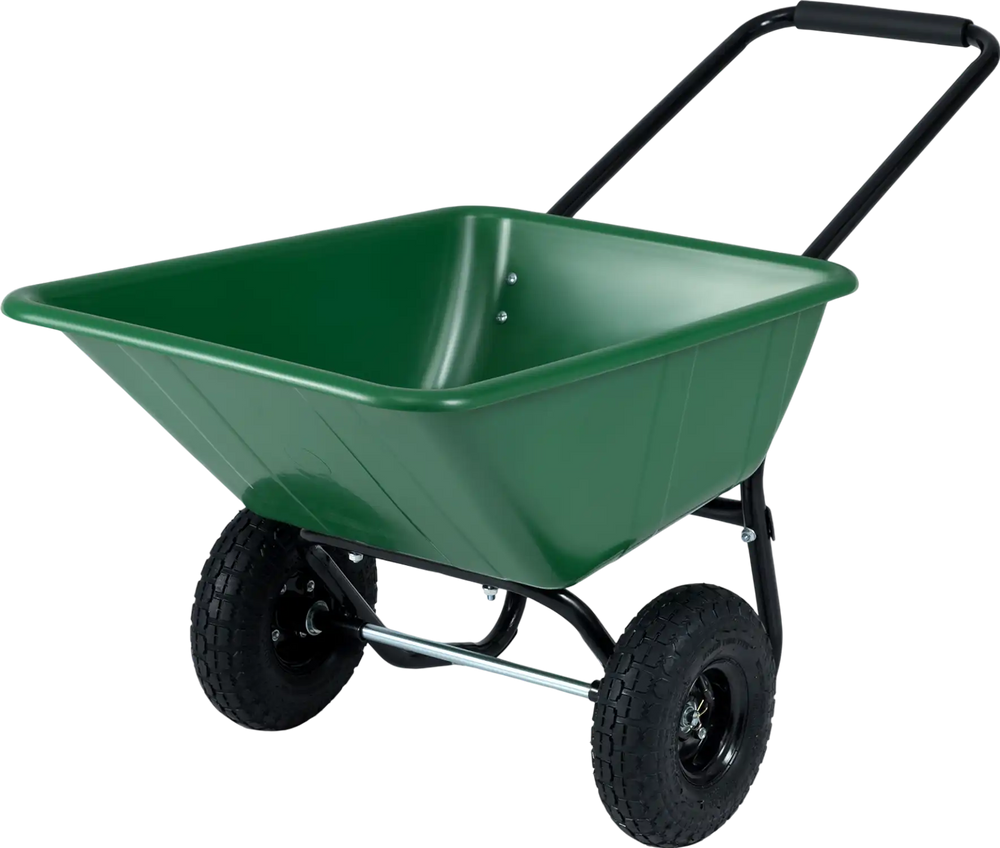 Green dual-wheel wheelbarrow with pneumatic tires, 21-gal capacity, sturdy metal frame for transporting garden.