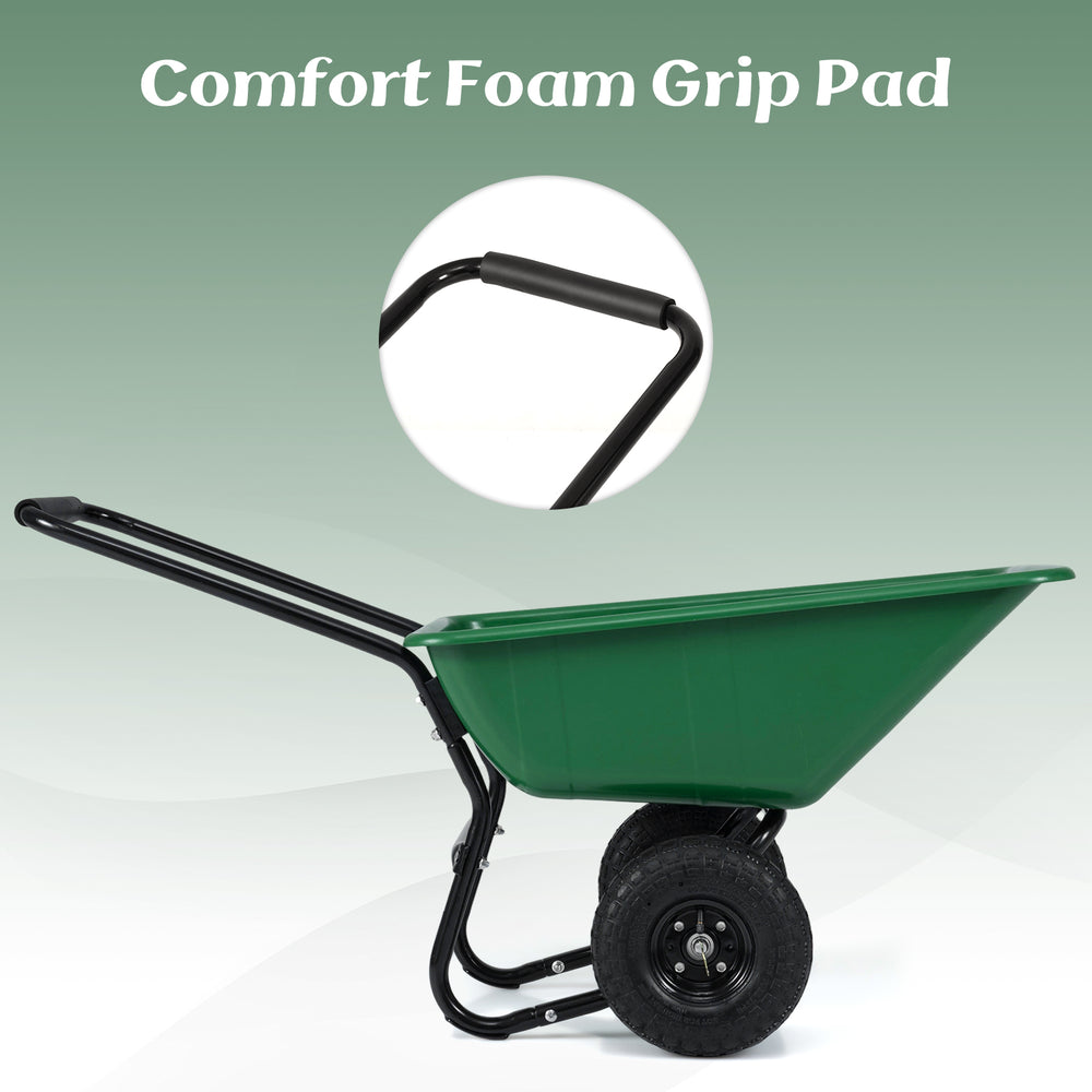 Dual-wheel garden utility cart in green with comfort foam grip pad, designed for easy transport of up to 330 lbs.