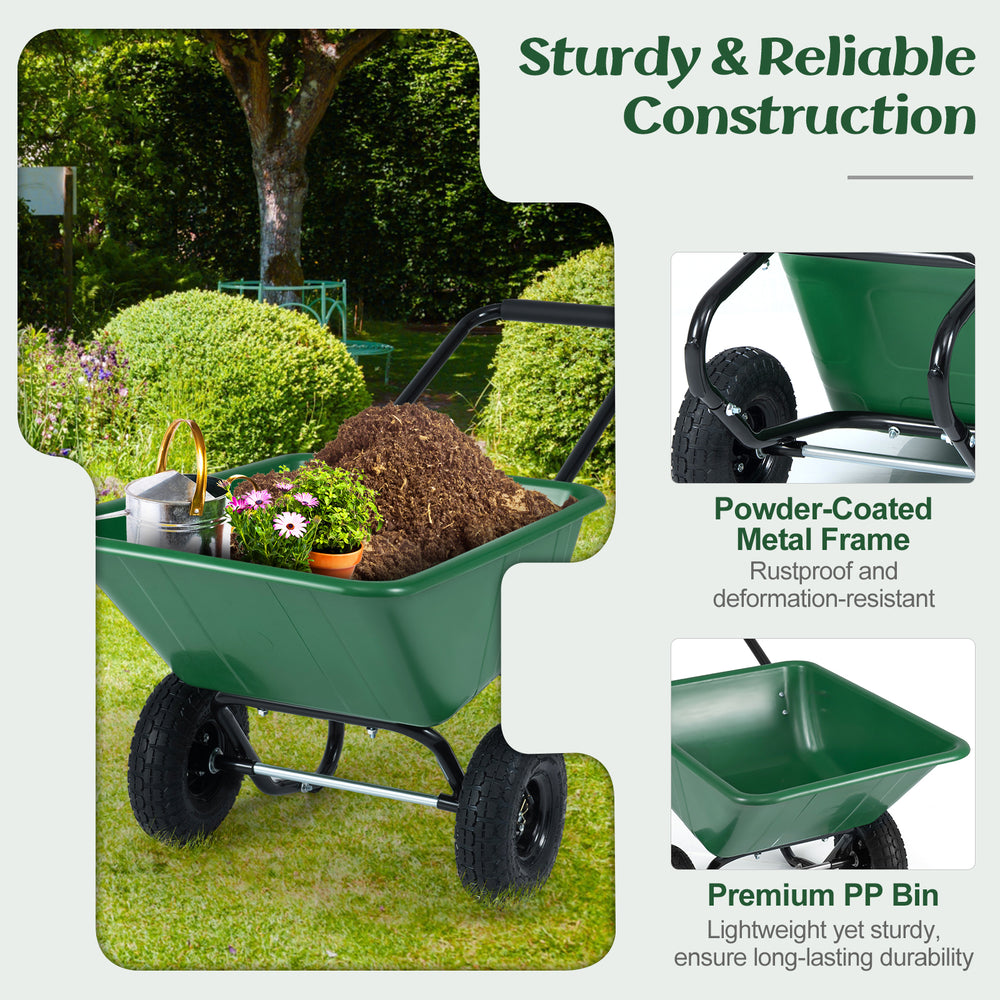 Dual-wheel garden utility cart in green with a powder-coated metal frame and 21-gal PP bin for easy material transport.