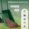 Dual-wheel garden utility cart in green with 21-gal capacity, ideal for transporting gravel, mulch, and soil.