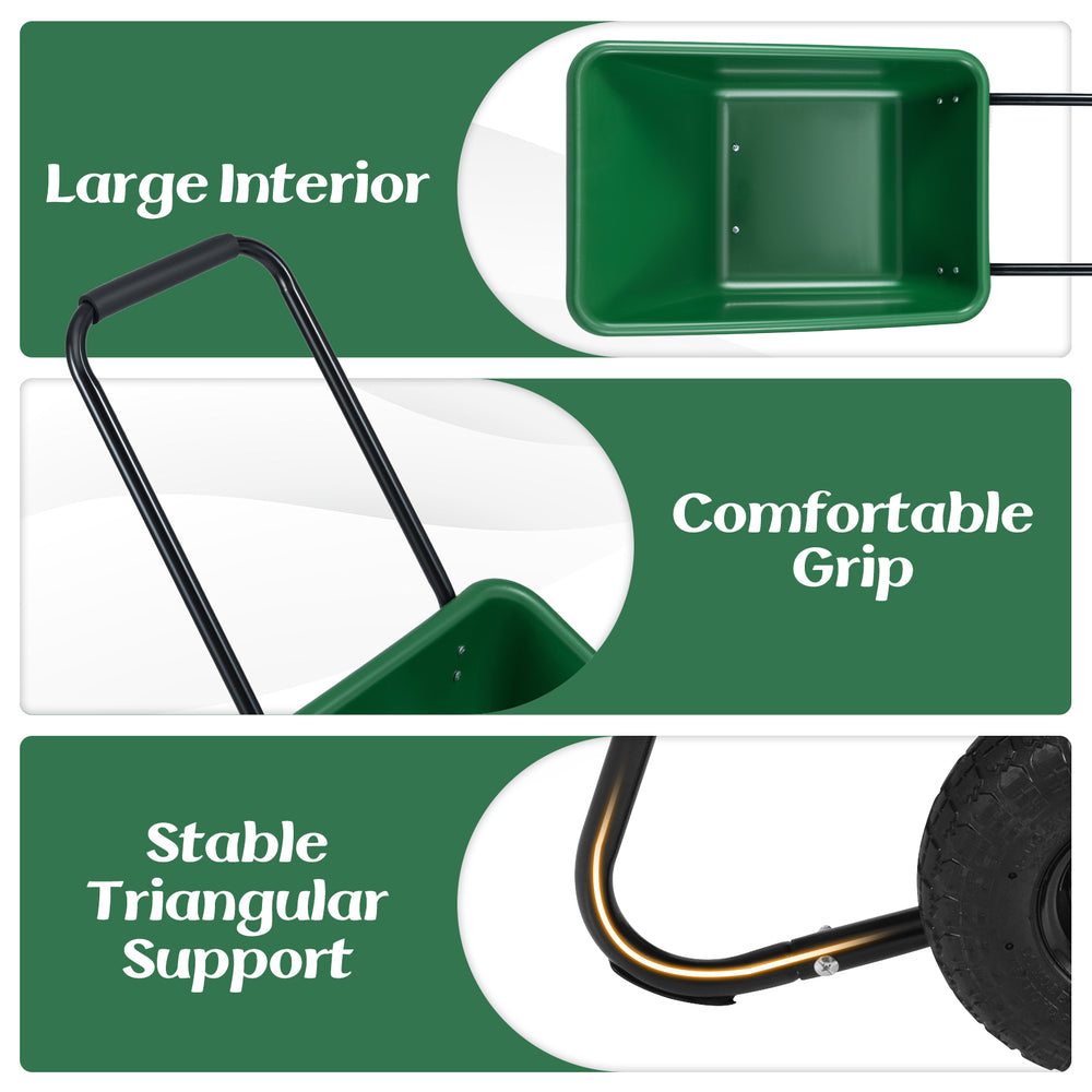 Large green wheelbarrow with a 21-gal capacity, stable triangular support, and comfortable grip for easy transport.
