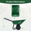 Green dual-wheel wheelbarrow with pneumatic tires, 21-gal capacity, and dimensions for easy material transport.