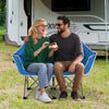 Duo camping chair in blue with armrests and cup holders, perfect for outdoor relaxation at the beach or park.