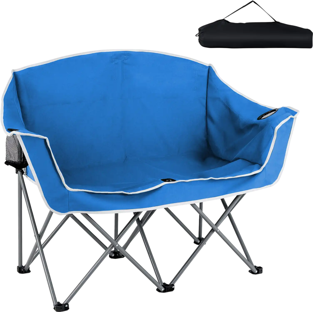 Oversized blue camping loveseat with armrests and cup holders, featuring a durable metal frame for outdoor comfort.