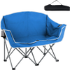 Oversized blue camping loveseat with armrests and cup holders, featuring a durable metal frame for outdoor comfort.