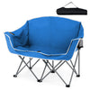 Portable oversized loveseat camping chair in blue with armrests and cup holders, ideal for outdoor relaxation.
