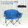 Portable oversized blue loveseat camping chair with armrests, cup holders, and heavy-duty frame for outdoor use.