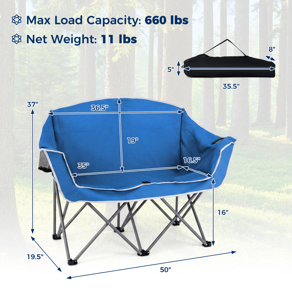 Portable oversized blue loveseat camping chair with armrests, cup holders, and heavy-duty frame for outdoor use.