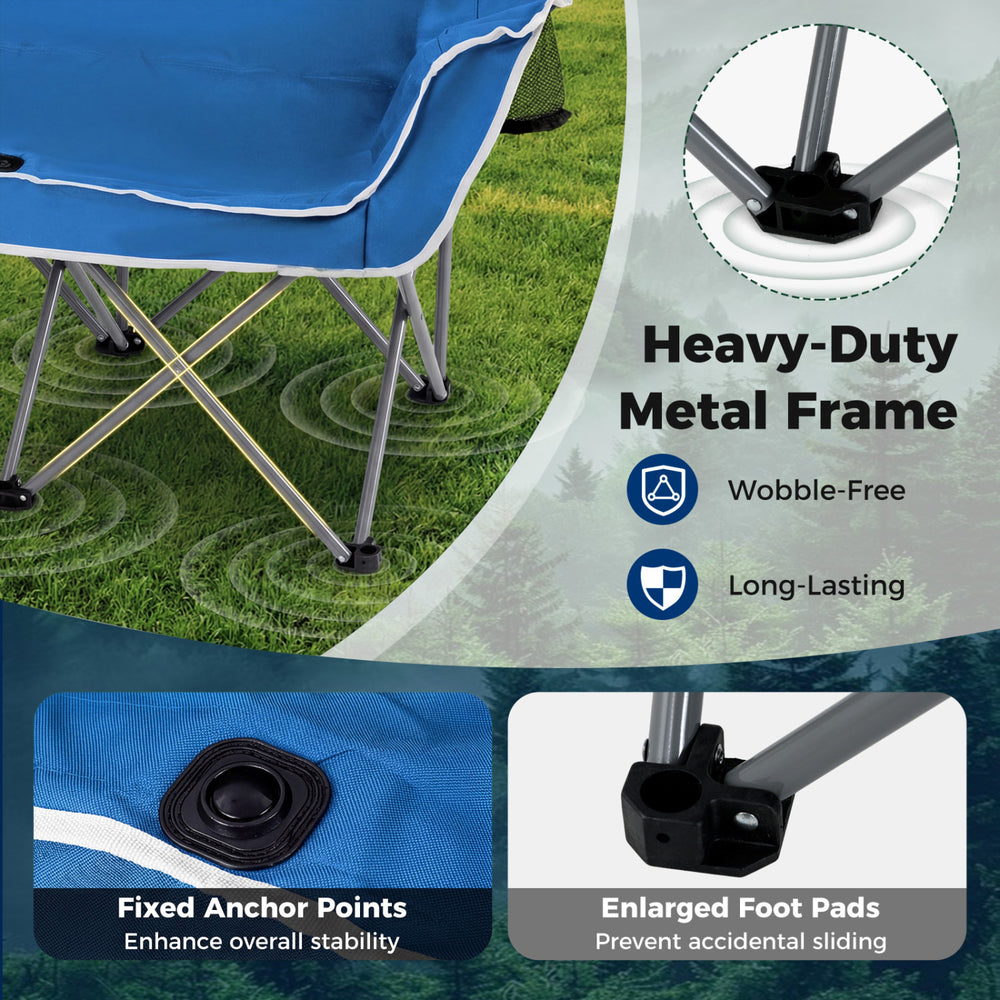 Portable oversized loveseat camping chair in blue with a heavy-duty metal frame, armrests, and cup holders for outdoor.