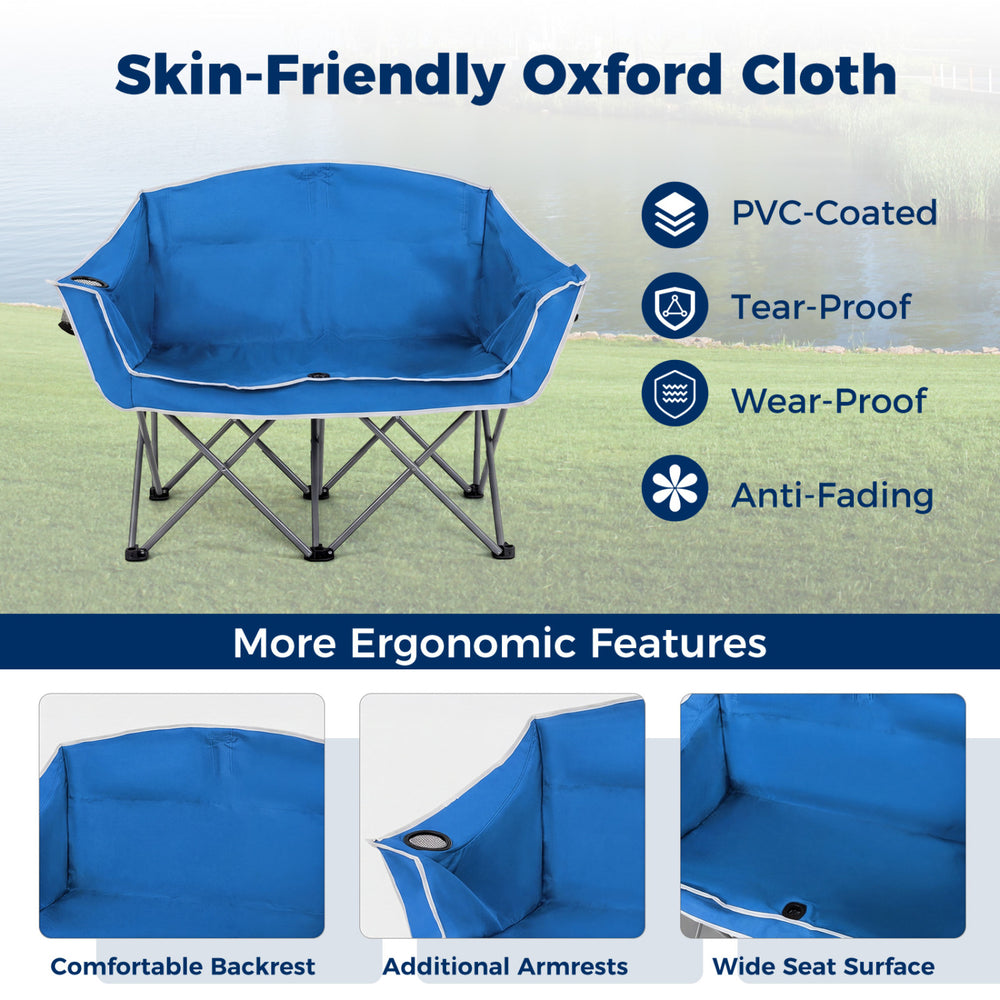 Portable oversized loveseat in blue with armrests, cup holders, and durable PVC-coated oxford cloth for camping comfort.