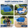 Double camping chair in blue with armrests and cup holders, perfect for lakeside, beach, or park relaxation.