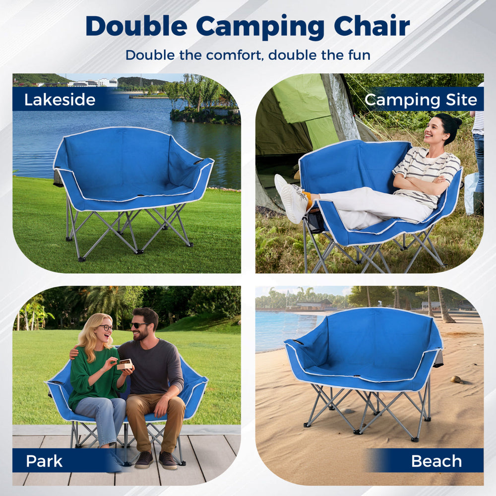 Double camping chair in blue with armrests and cup holders, perfect for lakeside, beach, or park relaxation.