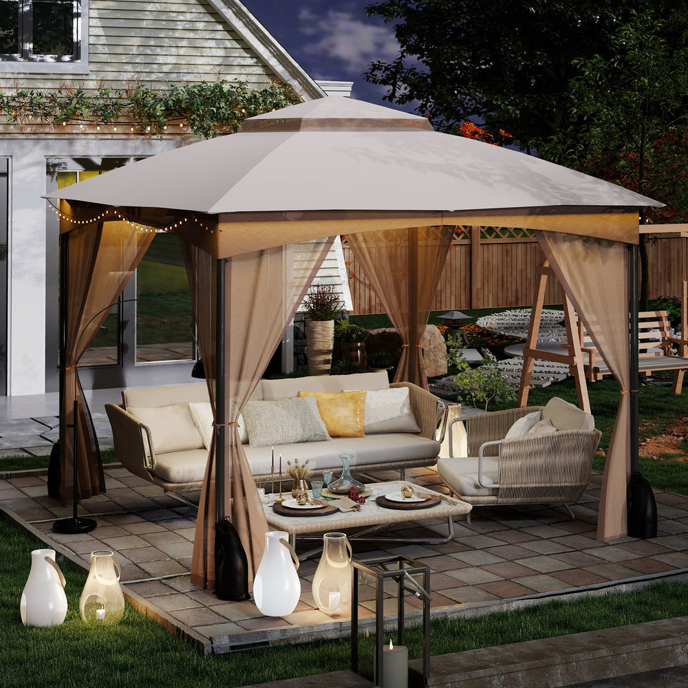 10 X 10 FT Heavy-Duty Patio Gazebo with Netting Walls and 4 Sandbags-Khaki - Gallery View 1 of 9