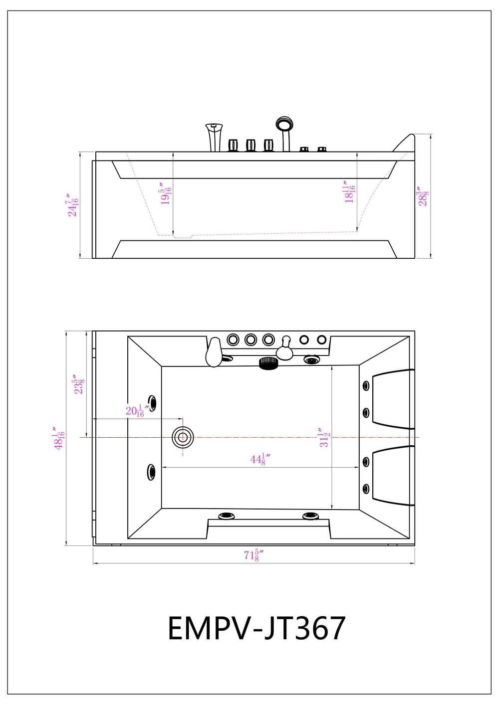 Empava Bathtub 72" Alcove Whirlpool 2-Person with LED Lights and Left Drain Rectangular New