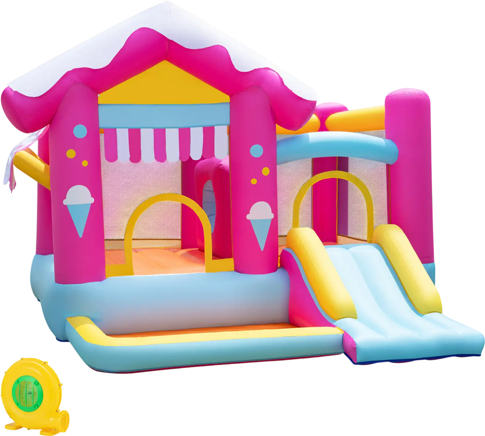Colorful 5-in-1 inflatable bounce house with slide, tunnel, and ball pit for kids ages 3-12, perfect for outdoor fun.