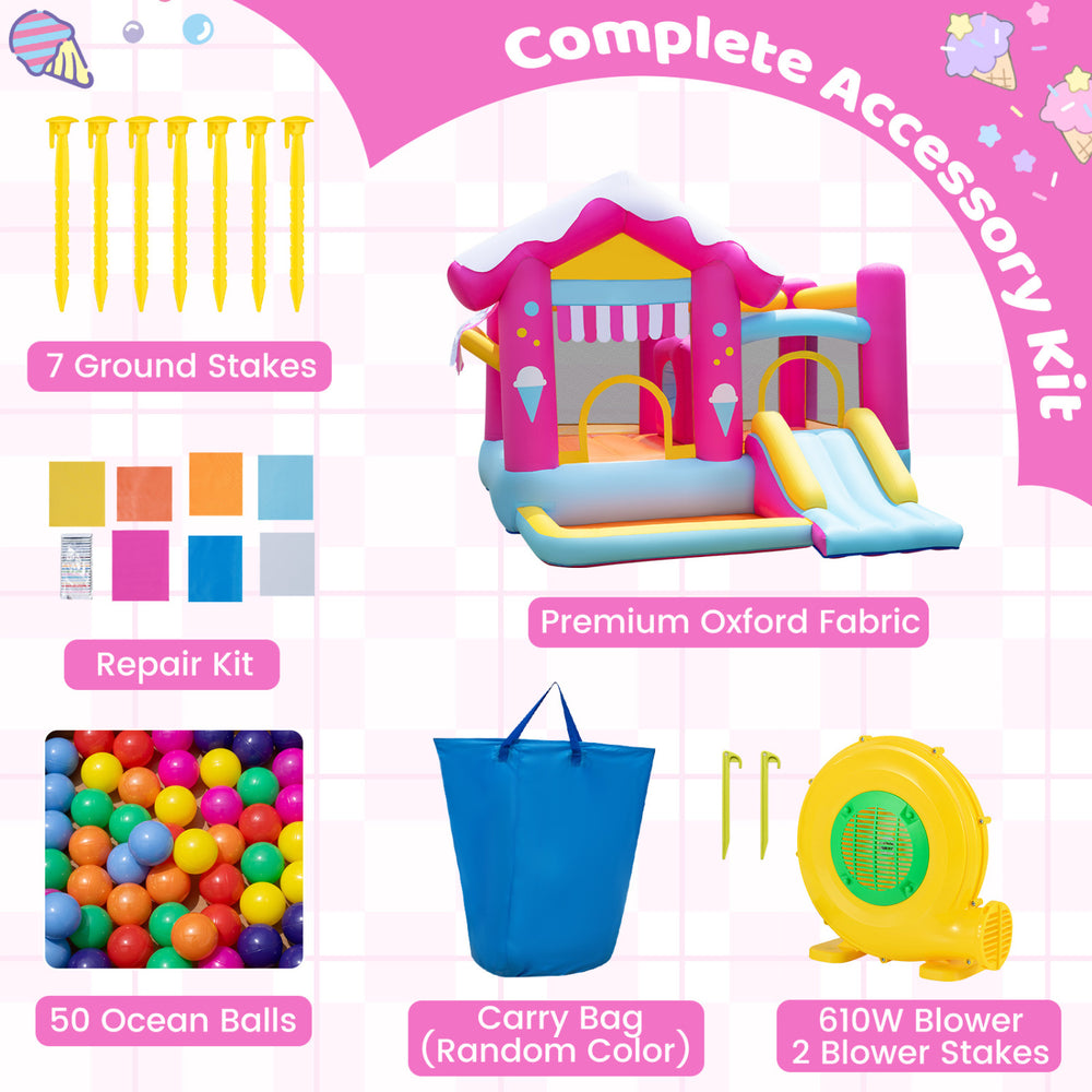 Complete accessory kit for the 5-in-1 inflatable bounce house, including 50 ocean balls, blower, and repair kit.