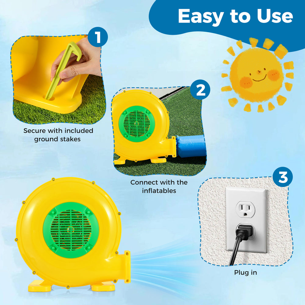 480W bounce house blower with handle and ground stakes, designed for quick inflation and safety during use.