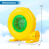 480W bounce house blower with yellow housing, dimensions 14" x 13.5" x 7.5", designed for quick inflation of.