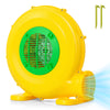 Yellow 480W bounce house blower with handle, featuring 900 CFM air volume and ground stakes for secure setup.