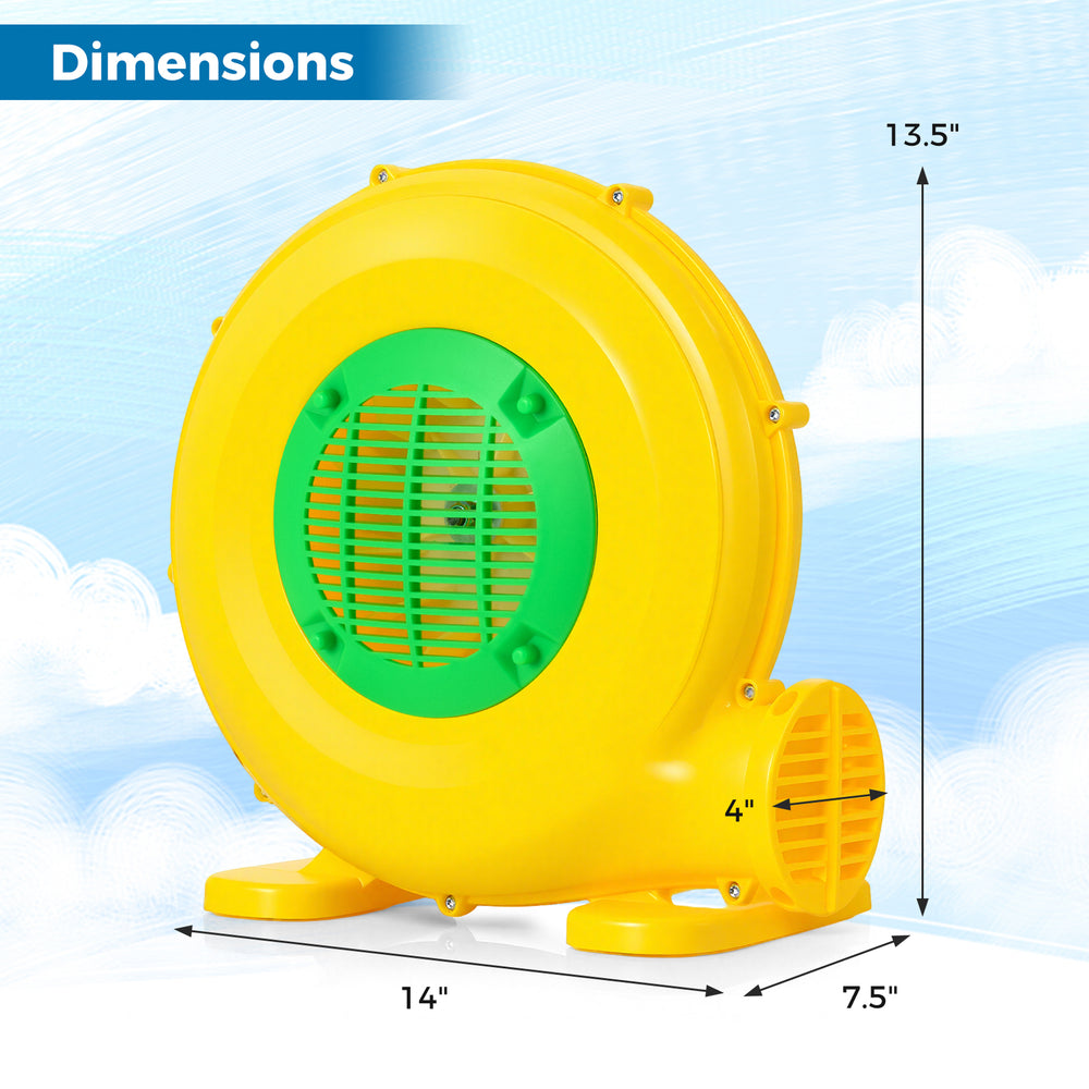 Side view of the 610W Bounce House Blower, featuring a yellow rugged design with dimensions of 14" x 13.5" x 7.5".