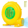 Yellow 610W bounce house blower with handle, featuring 1150 CFM airflow and ground stakes for secure setup.