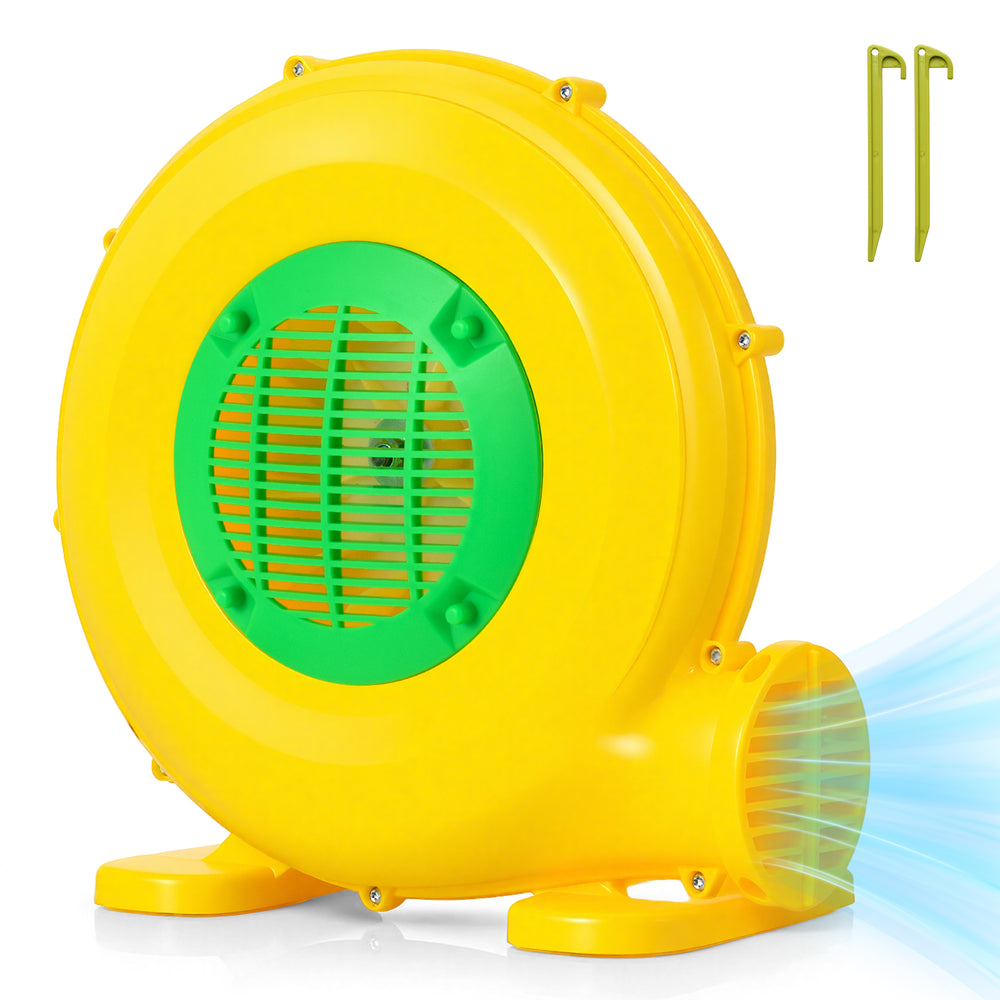 Yellow 610W bounce house blower with handle, featuring 1150 CFM airflow and ground stakes for secure setup.