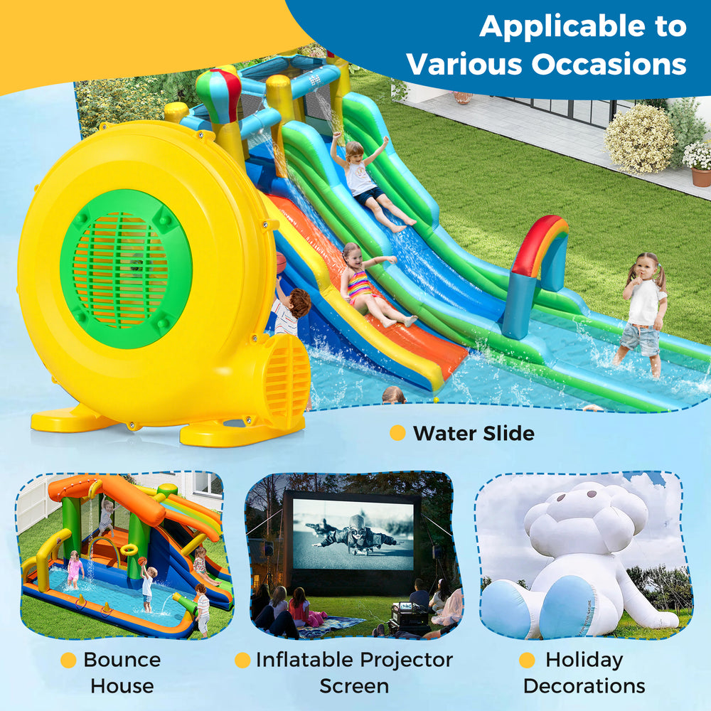 610W bounce house blower with handle, designed for quick inflation of inflatables like water slides and holiday.