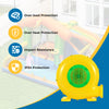Yellow 610W bounce house blower with handle and ground stakes, featuring over-load and over-heat protection for safety.