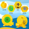 Yellow 610W bounce house blower showcasing air outlet, safety switch, and non-slip foot pads for secure operation.
