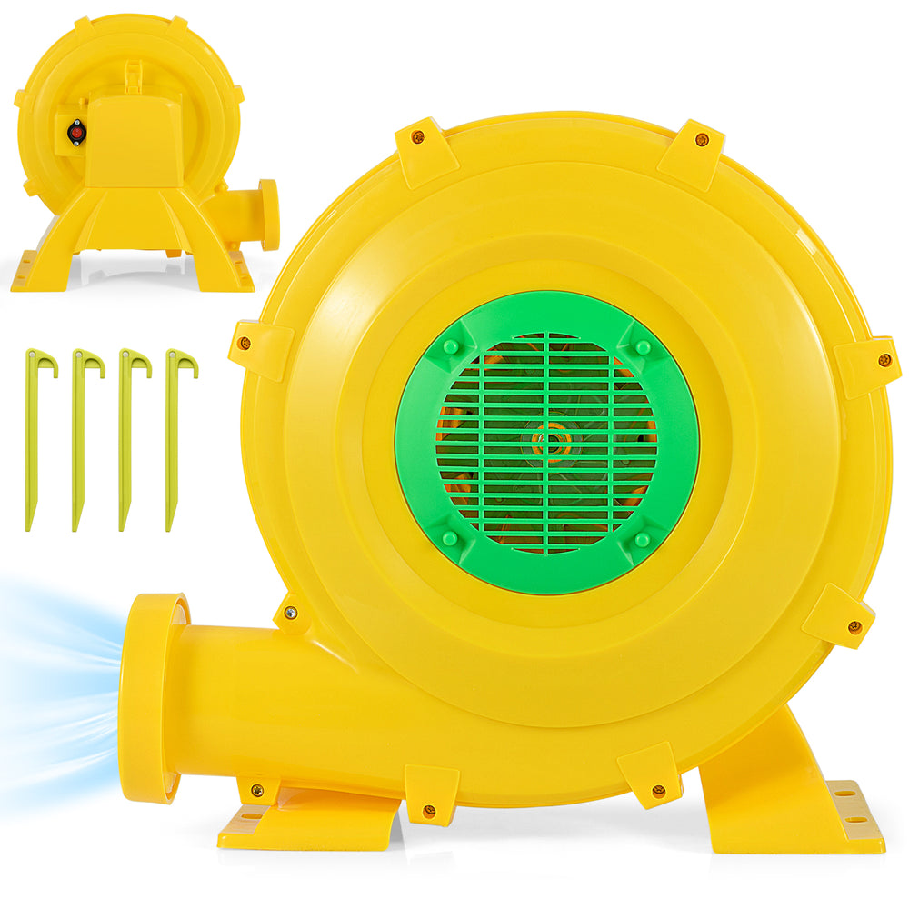 Portable 780W bounce house blower in yellow with handle, designed for quick inflation and secure operation with ground.