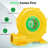 Yellow 780W bounce house blower with safety features, including over-load protection and impact-resistant housing.