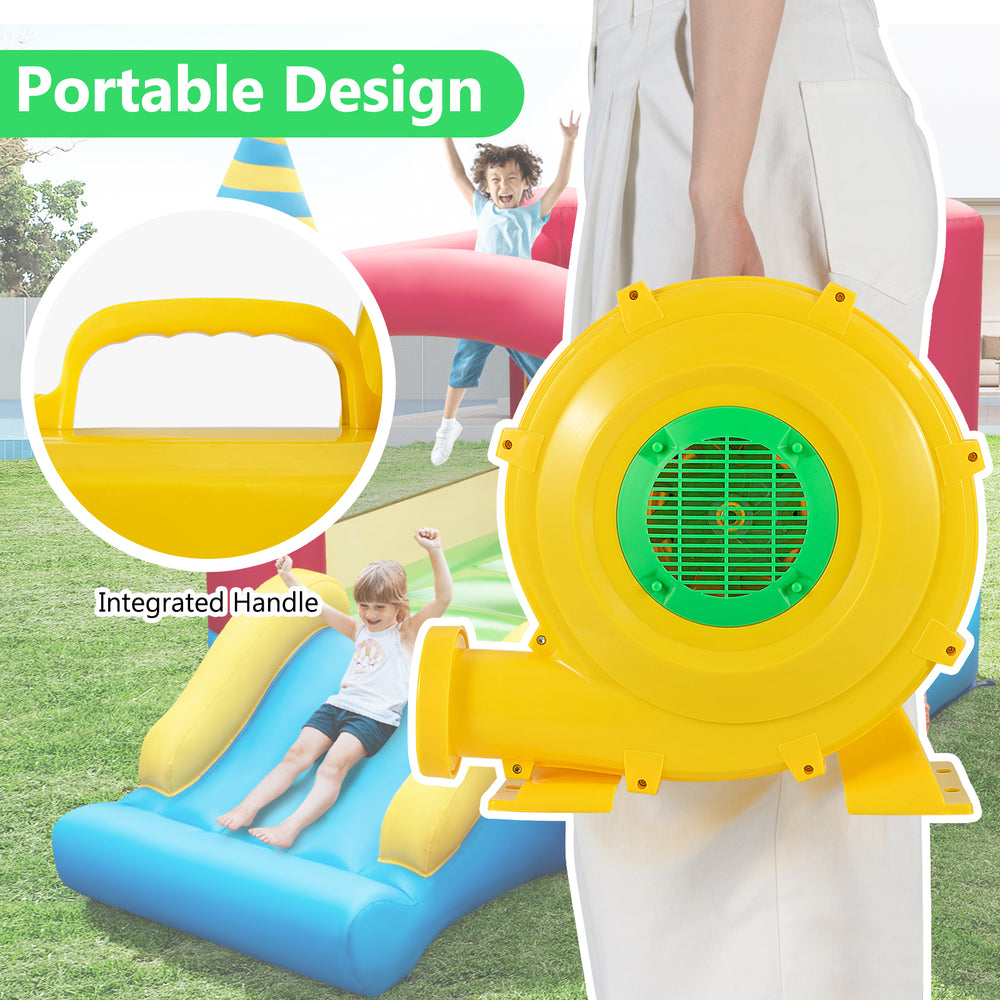 Portable 780W bounce house blower with integrated handle, designed for quick inflation of inflatables in minutes.
