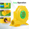 780W bounce house blower with handle, showcasing easy operation steps for quick inflation and secure setup.