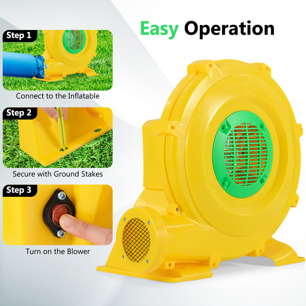 780W bounce house blower with handle, showcasing easy operation steps for quick inflation and secure setup.