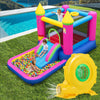 Brightly colored inflatable bounce house with slide and ball pit, featuring a 780W portable air pump for quick setup.