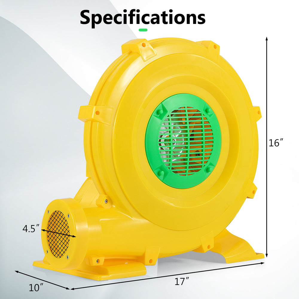 Yellow 780W bounce house blower with handle, 1300 CFM air volume, and safety features for quick inflation.