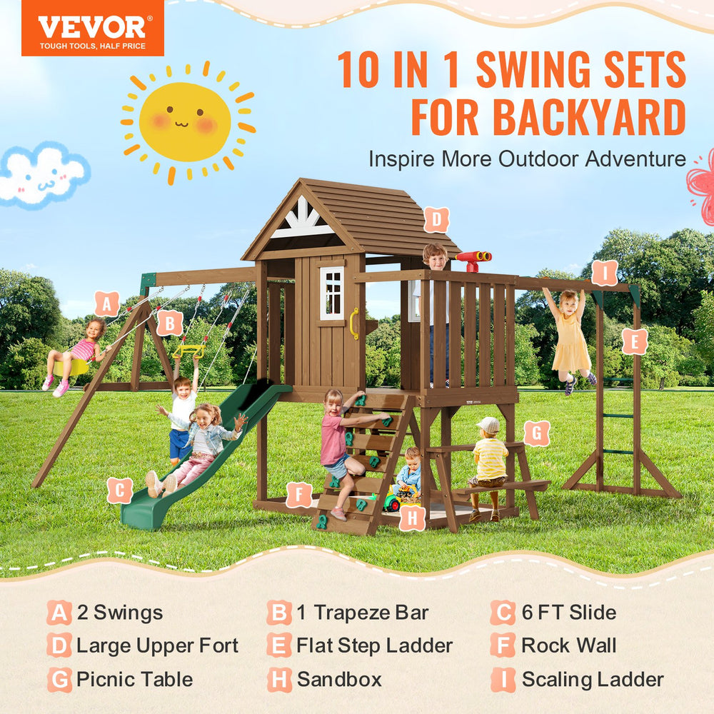 Vevor Wooden Swing Set 10-in-1 with Slide Fort Rock Wall and Sandbox New